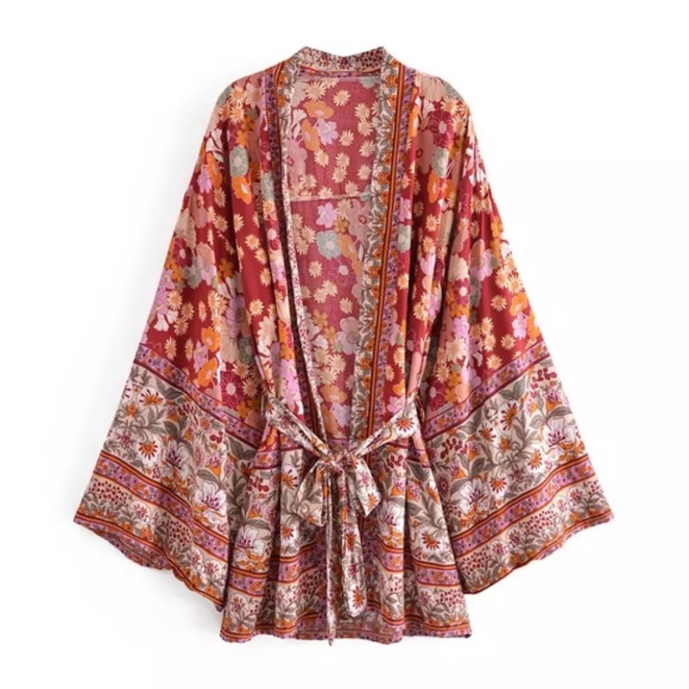 Wine Floral Bohemian Short Floral Kimono Wrap Top